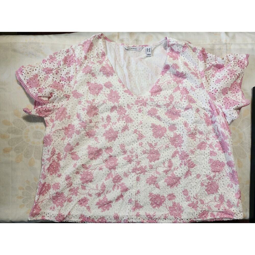Isaac Mizrahi Live Blouse Sz 1X Short Sleeve Layered Eyelet Pink White Floral